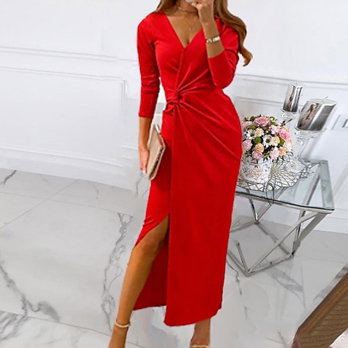 

Mulheres Vestido da bainha Vestido midi Vermelho Manga Longa Cor imaculada Franzido Inverno Outono Decote V Maduro Roupa de inverno Vestido de outono 2023 S M L XL XXL 3XL