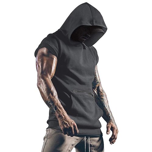 

Men's Tank Top Hoodie Solid Color Tribal Hooded Casual Sports Zipper Tops Casual Sports ArmyGreen White Black