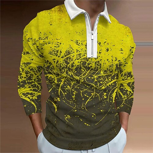 

Men's Collar Polo Shirt Golf Shirt Graphic Turndown Yellow 3D Print Outdoor Street Long Sleeve Zipper Print Clothing Apparel Fashion Designer Casual Breathable
