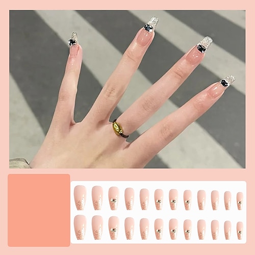 

24pcs Glitter Black French Crystal Nail Stickers Convenient Removable Ballet Armor Wearing Nail Piece Finished