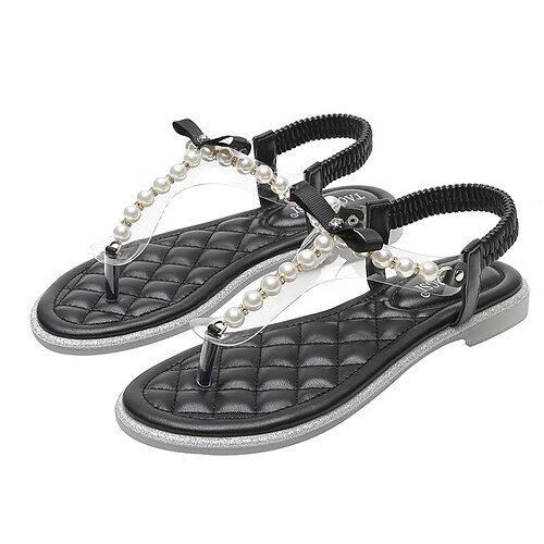 

Women's Sandals Flat Sandals Pearl Flat Heel Open Toe Elegant Sweet Daily Office Faux Leather Elastic Band Fall Spring Solid Colored Almond Black Green