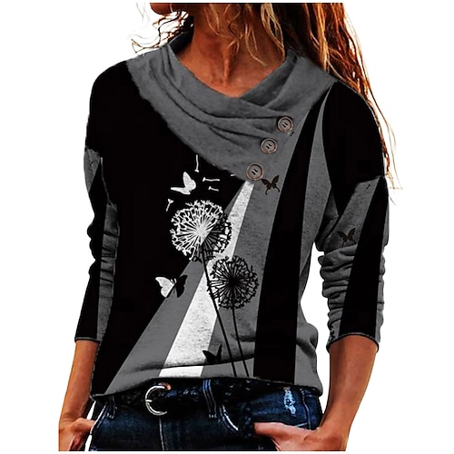 

Women's T shirt Tee Cat Graphic Color Block Casual Daily Sports T shirt Tee Long Sleeve Button Print Pile Neck Active Vintage Streetwear Black Light gray Dark Gray S / 3D Print / V Neck