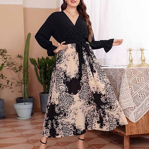 

Women's Plus Size Holiday Dress Print V Neck Print Long Sleeve Fall Winter Work Maxi long Dress Daily Going out Dress