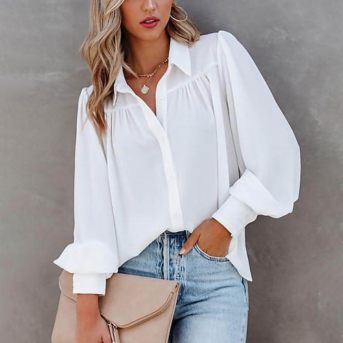 

Women's Blouse Shirt Green Blue Purple Plain Button Long Sleeve Office Business Streetwear Casual Shirt Collar Regular S