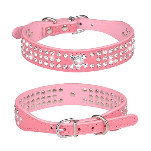 

Halloween Skull Shiny Rhinestone Pet Collar Pu Cat And Dog Collar Small And Medium Dog Collar Dog Leash Three Rows Of Diamonds