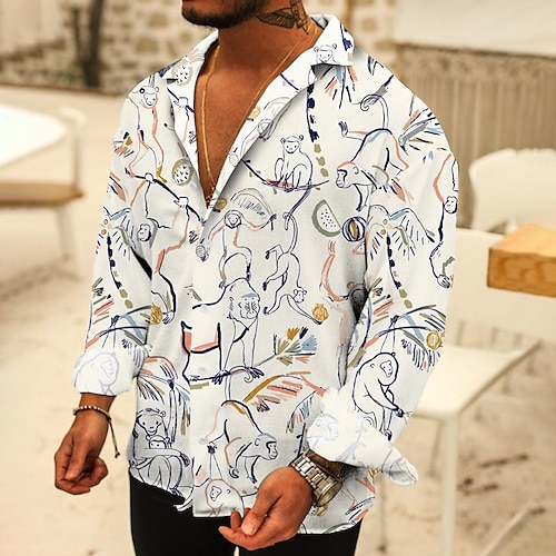 

Hombre Camisa Animal Orangután Cuello Vuelto Blanco Impresión 3D Exterior Casual Manga Larga Abotonar Estampado Ropa Moda Design Casual Cómodo / Deportes