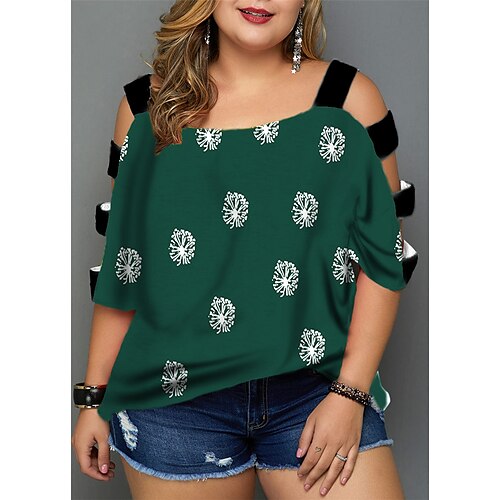 

Women's Plus Size Tops Blouse Shirt Floral Cut Out Print Half Sleeve V Neck Streetwear Daily Going out Polyester Spring Summer Green Blue