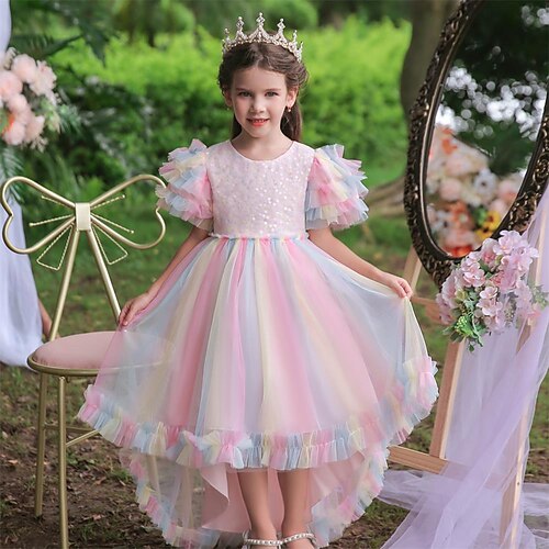 

Kids Little Girls' Dress Solid Colored Tulle Dress Party Daily Sequins Blue Yellow Rainbow Knee-length Short Sleeve Princess Cute Dresses Spring Summer Slim 3-12 Years