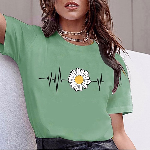 

Women's T shirt Tee Green Blue Light Green Graphic Daisy Print Short Sleeve Daily Going out Basic Round Neck Regular 100% Cotton S