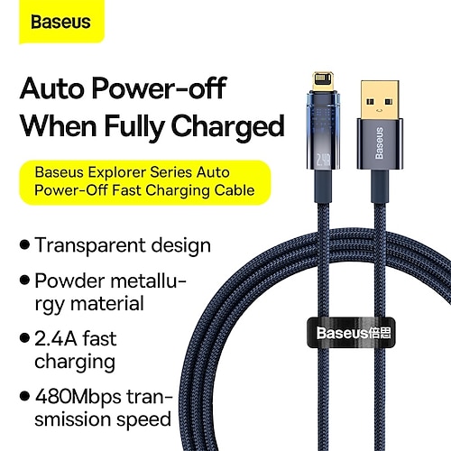 

1 Pack BASEUS Cable 3.3ft 6.6ft Lightning 2.4 A Auto Power-Off Braided Fast Charging High Data Transfer Nylon Braided For Macbook iPad iPhone Phone Accessory