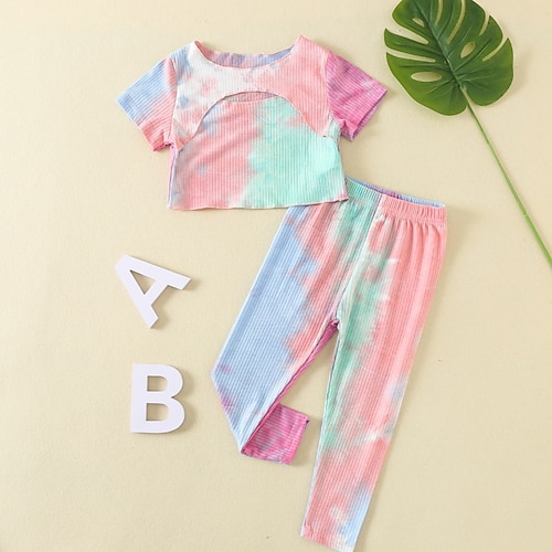 

2 Pieces Kids Girls' T-shirt & Pants Clothing Set Outfit Tie Dye Short Sleeve Print Cotton Set Outdoor Cute Sweet Spring Summer 3-6 Years Pink