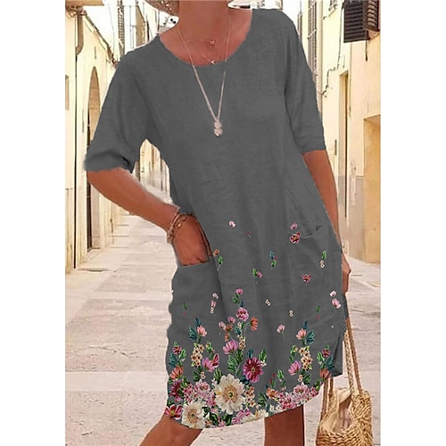 

Women's Shift Dress Short Mini Dress Green Blue Gray Light gray Red Half Sleeve Floral Pocket Print Fall Spring Round Neck Casual Fashion 2022 XS S M L XL XXL 3XL 4XL 5XL 6XL