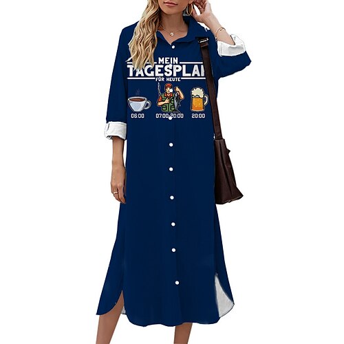 

Women's Shift Dress Midi Dress Green Black Pink Navy Blue 3/4 Length Sleeve Print Letter Button Print Fall Spring Shirt Collar Casual Fashion 2022 S M L XL XXL 3XL