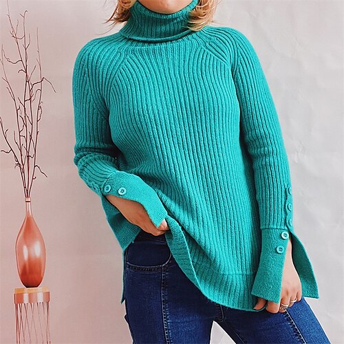 

Women's Pullover Sweater Jumper Ribbed Knit Knitted Pure Color Turtleneck Stylish Casual Daily Going out Fall Winter Green White S M L / Long Sleeve