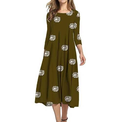 

Women's Shift Dress Midi Dress Blue Purple Wine Army Green Dark Green 3/4 Length Sleeve Floral Ruched Print Fall Spring Round Neck Casual Vacation 2022 S M L XL XXL 3XL