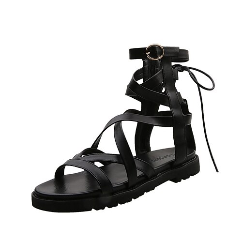 

Women's Sandals Gladiator Sandals Roman Sandals Buckle Lace-up Flat Heel Open Toe Elegant Casual Daily PU Leather Buckle Spring Summer Solid Colored Black Beige
