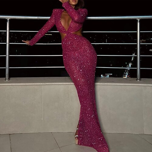 

Mermaid / Trumpet Evening Dresses Cut Out Dress Prom Floor Length Long Sleeve V Neck Sequined with Sequin Pure Color 2022