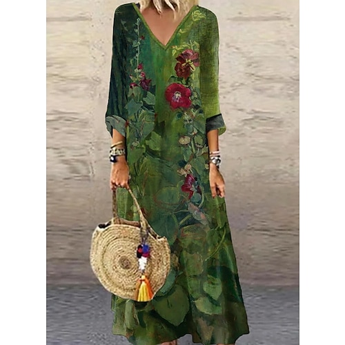 

Women's Casual Dress Ethnic Dress Sheath Dress Long Dress Maxi Dress Green 3/4 Length Sleeve Floral Print Winter Fall Autumn V Neck Casual Daily Weekend 2023 S M L XL XXL 3XL 4XL