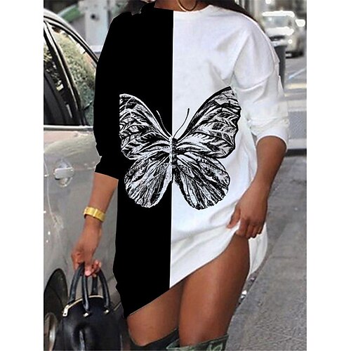 

Women's Shift Dress Short Mini Dress White Long Sleeve Butterfly Animal Print Fall Spring Crew Neck Casual Fashion 2022 S M L XL XXL 3XL