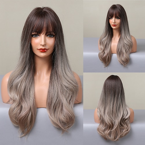 

HAIRCUBE Ombre Brown Auburn Blonde Hair Natural Wavy Long Wave Wigs With Bangs For Women