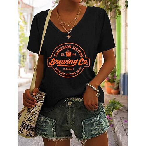 

Women's T shirt Tee Graphic Patterned Letter Halloween Casual Daily T shirt Tee Short Sleeve Print V Neck Basic Green White Black S