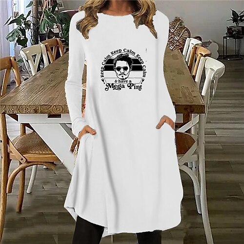 

Vestido recto hasta la rodilla para mujer, vestido blanco de manga larga con estampado de letras y bolsillos para otoño, primavera, cuello redondo, informal, vacaciones, 2022 s m l xl xxl 3xl