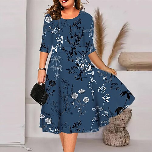 

Women's Plus Size Holiday Dress Floral Crew Neck Print Half Sleeve Fall Spring Work Midi Dress Holiday Date Dress