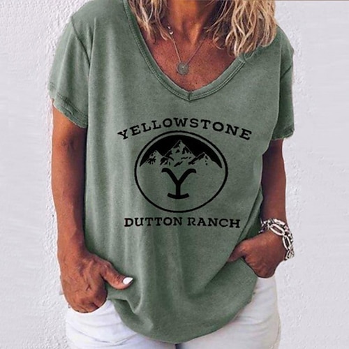 

Women's T shirt Tee Green Gray Graphic Letter Print Short Sleeve Daily Going out Vintage V Neck Regular Plus Size L