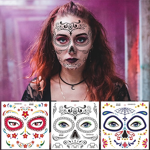 

12 PCS Halloween Waterproof Temporary Tattoo Sticker Facial makeup Stitched Injuries Face Day of The Dead Skull dress up Body Makeup Ta