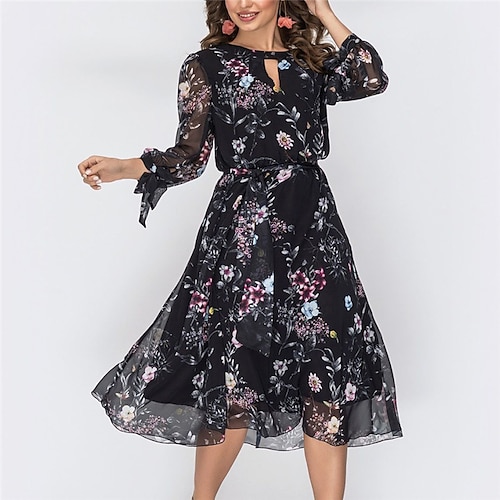 

Women's Casual Dress Swing Dress Floral Dress Midi Dress Black Long Sleeve Floral Print Winter Fall Autumn Crew Neck Fashion Winter Dress Fall Dress Loose Fit 2023 S M L XL XXL