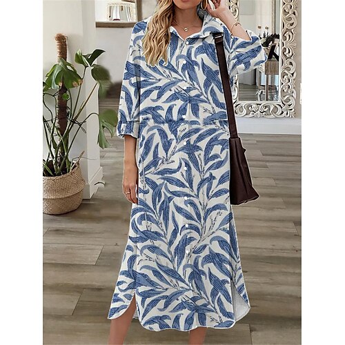 

Women's Shift Dress Midi Dress Green Blue 3/4 Length Sleeve Floral Button Print Fall Spring Shirt Collar Casual Fashion 2022 S M L XL XXL 3XL