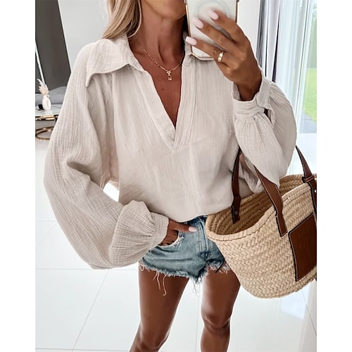 

Women's Shirt Plain Daily Weekend Shirt Long Sleeve V Neck Casual Streetwear Beige S