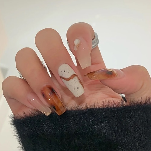 

European and American Long Manicure Stickers Amber Smudged Shell Point Drill Wearing Nails New Trapezoidal Fake Nails