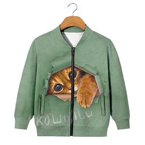 

Kids Boys Coat Outerwear Animal Cat Long Sleeve Zipper Coat Street Active Streetwear Cool Green Fall Spring 3-12 Years