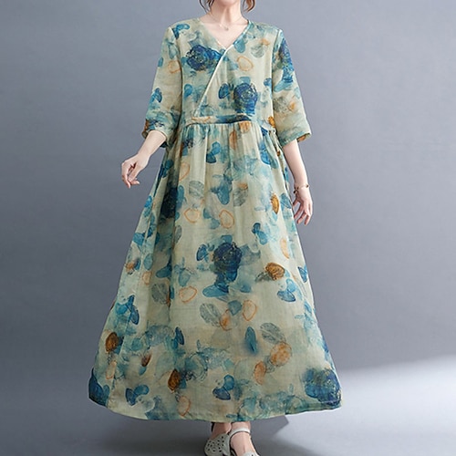 

Women's A Line Dress Midi Dress Green 3/4 Length Sleeve Floral Print Fall Spring V Neck Stylish Elegant Mature 2022 M L XL XXL