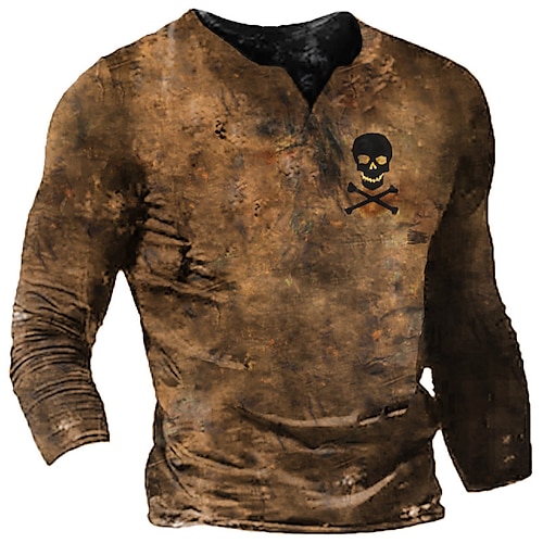 

Men's T shirt Tee 3D Print Graphic Patterned Skull V Neck Street Casual Print Long Sleeve Tops Designer Fashion Classic Comfortable Brown / Summer