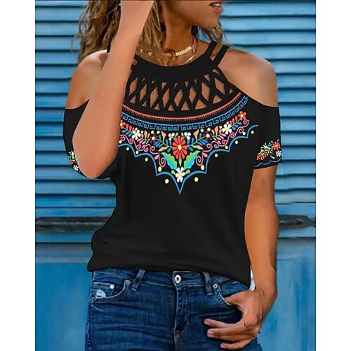 

Women's Shirt Floral Holiday Weekend Floral Shirt Short Sleeve Cut Out Print Round Neck Casual Streetwear Black S