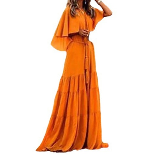 

Women's Swing Dress Long Dress Maxi Dress Orange Short Sleeve Pure Color Ruched Winter Fall Spring V Neck Modern Weekend Slim 2022 S M L XL