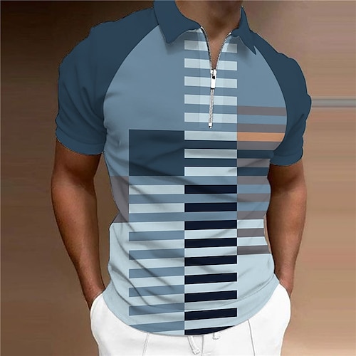 

Men's Collar Polo Shirt Golf Shirt Striped Turndown Blue 3D Print Outdoor Street Short Sleeves Zipper Print Clothing Apparel Fashion Designer Casual Breathable / Summer / Spring / Summer