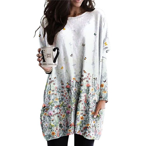 

Women's Casual Dress Shift Dress Midi Dress Gray White Long Sleeve Animal Pocket Winter Fall Autumn Crew Neck Winter Dress Fall Dress Loose Fit 2022 S M L XL XXL 3XL