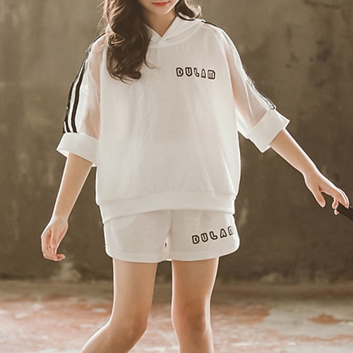 

Kids Girls' T-shirt Shorts Clothing Set 2 Pieces Short Sleeve White Black Letter Print Street Outdoor Cute Sweet Regular Above Knee 3-13 Years