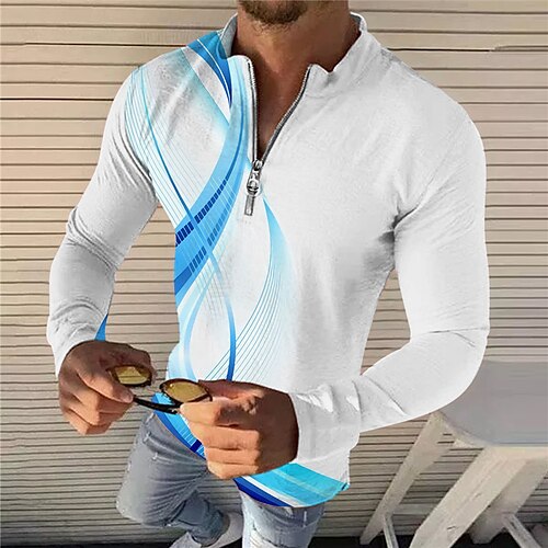 

Men's Collar Polo Shirt Golf Shirt Curve Stand Collar White 3D Print Outdoor Street Long Sleeve Zipper Print Clothing Apparel Fashion Designer Casual Breathable