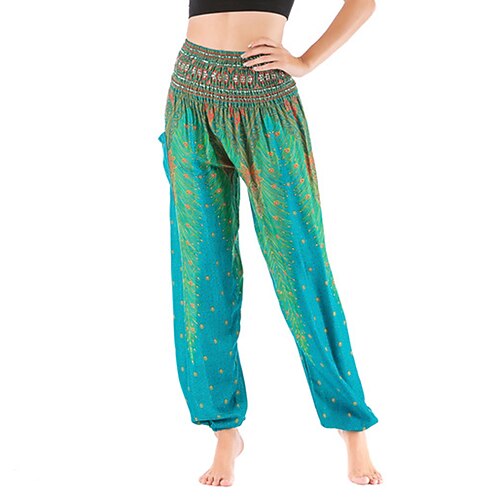 

Women's Hip-Hop Hippie Joggers Harem Pants Pocket High Cut Print Full Length Pants Casual Weekend Micro-elastic Feather Comfort High Waist Green Blue Purple Dark Green Fuchsia One-Size / Boho
