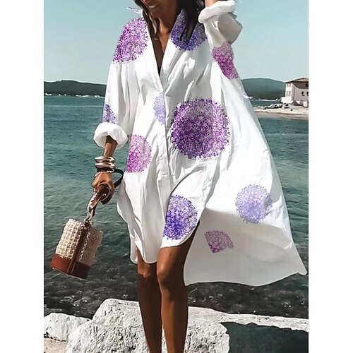 

Women's Casual Dress Knee Length Dress White Long Sleeve Floral Print Summer Shirt Collar Casual 2022 S M L XL 2XL 3XL 4XL 5XL / 3D Print