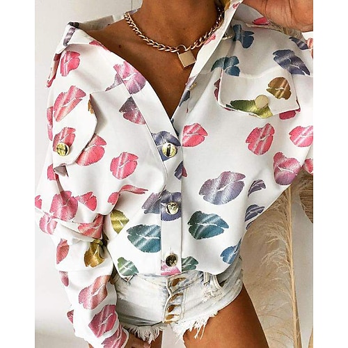 

Women's Blouse Graphic Patterned Daily Weekend Blouse Shirt Long Sleeve Button Print Shirt Collar Casual Streetwear White S / 3D Print