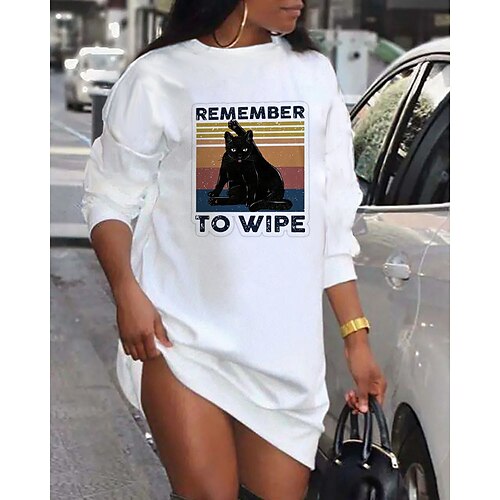 

Women's Shift Dress Short Mini Dress White Long Sleeve Cat Letter Animal Print Fall Spring Crew Neck Casual Fashion 2022 S M L XL XXL 3XL
