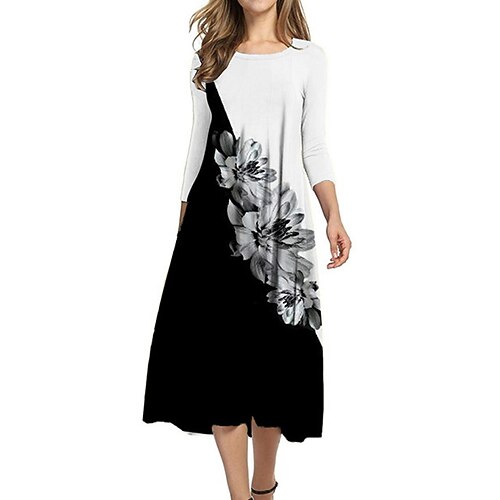 

Women's Shift Dress Midi Dress White 3/4 Length Sleeve Floral Ruched Print Fall Spring Round Neck Casual Vacation 2022 S M L XL XXL 3XL