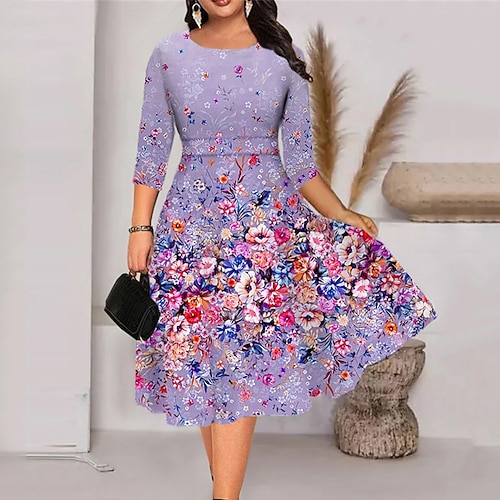 

Women's Plus Size Casual Dress Floral Crew Neck Print 3/4 Length Sleeve Fall Spring Work Casual Midi Dress Daily Vacation Dress