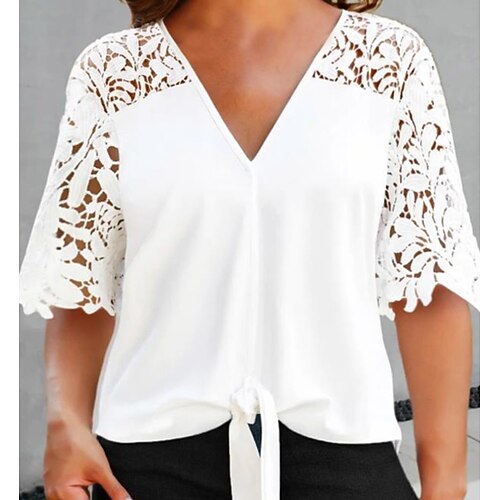 

Women's Plus Size Tops Blouse Plain Ruched Lace Half Sleeve V Neck Festival Daily Vacation Polyester Fall Spring White