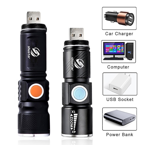  Super bright Rechargeable LED Flashlight With Tail USB Charging Head Zoomable waterproof Torch Portable light 3 Lighting modes Built-in battery